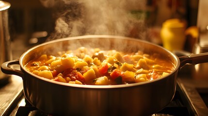 A savory stew simmers in a cooking pot.