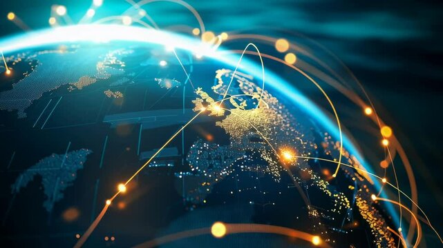 A globe with a network of lines connecting it. The lines are glowing and the globe is blue - Powered by Adobe