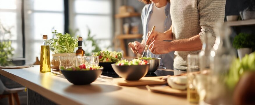 The couple preparing a fresh salad together in a modern kitchen.
