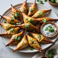 South African samoosas with spiced meat filling on a plate.