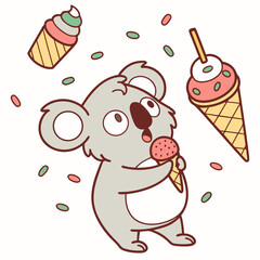 Delightful Surprised Koala bear in a Ice cream party scene with with a stuffed animal – Scoops & Swirls vector illustration