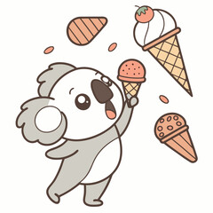 Delightful Surprised Koala bear in a Ice cream party scene with with a stuffed animal – Scoops & Swirls vector illustration