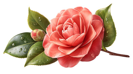 Pink Flower Bloom with Water Droplets on Green Leaves