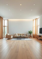 A modern living room with light oak vinyl flooring and matching oak-colored curtains providing a natural and cohesive look Empty room interior design architecture blank design room