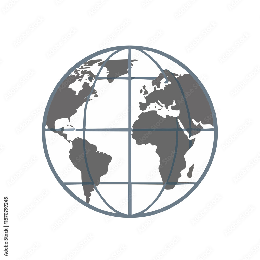 Poster stylized earth globe icon showing continents and grid lines simple design