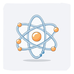 Illustrative Cartoon Atom Model with Orbiting Electrons and Nucleus Isolated on White