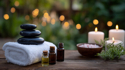 Spa wellness setup on rustic wooden table featuring smooth black massage stones stacked neatly beside a rolled white towel, small glass bottles of essential oils, sea salt in ceram