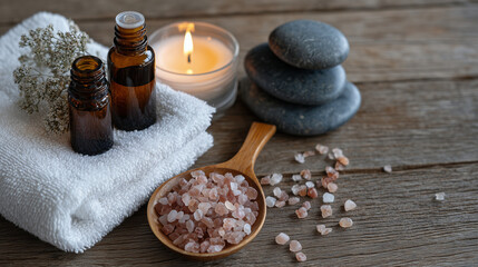 Plakat Top view of tranquil spa composition on wooden surface with aromatic essential oils in amber bottles, sea salt crystals spilling from wooden spoon, burning candle flickering gently