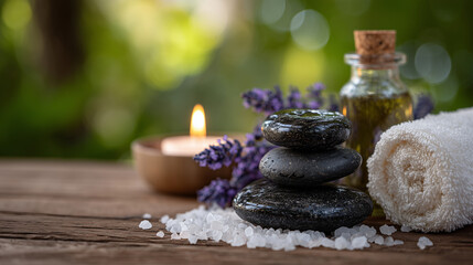 Peaceful wellness still life with balanced massage stones in zen stack, small flickering candle, rolled towel, and lavender-infused oil bottle nestled among white sea salt grains o