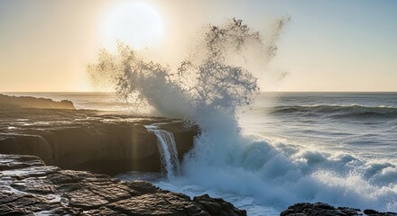 Dramatic Ocean Wave Crashing Against Rocky Coastline at Sunset, Spraying Water