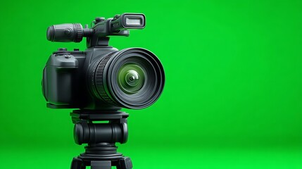 Professional Video Camera On Tripod Against Green Screen