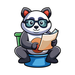 Funny Panda Sitting on Toilet Reading Newspaper with Glasses Vector Illustration – Humorous Bathroom Animal Art for Commercial Use