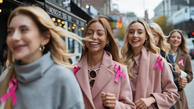 A diverse group of women wearing pink ribbons smile together outdoors in support of breast cancer awareness.