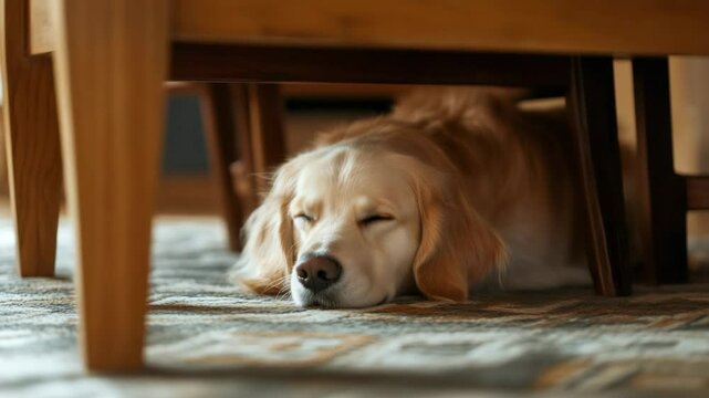 Frightened golden retriever cowering under wooden table, seeking protection during intense earthquake seismic event while displaying survival instincts