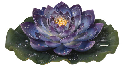 Purple And Blue Water Lily With Dew Drops On Green Pad, Isolated On Dark Background