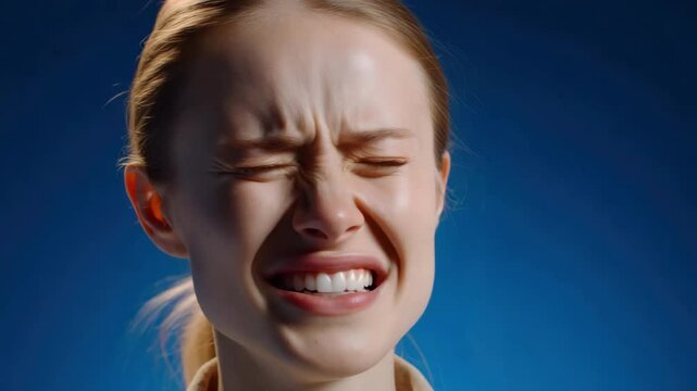 Young woman face expression showing sensory pain and discomfort with closed eyes and tense furrowed brow conveying strong emotion