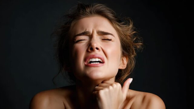 Young woman face expressing sensory discomfort and pain with closed eyes, clenched fist, bare shoulder showing emotional