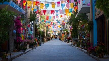 Fototapeta premium Colorful street lined with decorative flags and flowers.