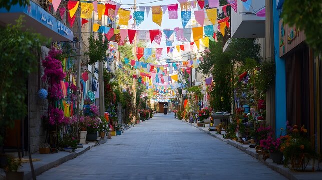 Colorful street lined with decorative flags and flowers.