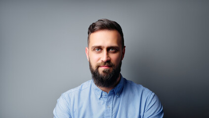 Obraz premium A confident man with a well-groomed beard wearing a blue shirt, looking directly at the camera. The neutral background emphasizes his presence, suitable for diverse use in projects and presentations.