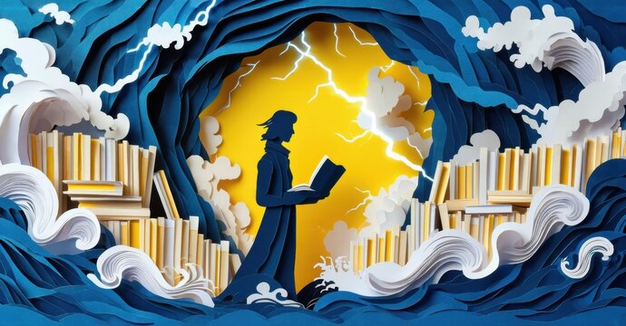 Papercraft illustration depicts person reading amidst books, waves, storm. Dramatic lighting creates depth, texture. Artistic, imaginative scene.
