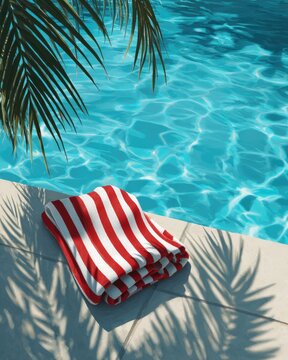 Red and white striped beach towel rests on poolside tile, partially shaded by palm fronds, near a sparkling blue pool
