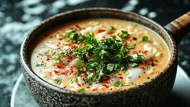 Creamy seafood chowder garnished with fresh parsley and a sprinkle of red pepper flakes