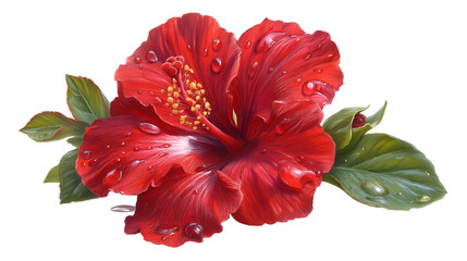 Red Hibiscus Flower With Dew Drops On Petals And Leaves