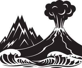 Volcano Eruption with Mountain and Ocean Waves Illustration vector