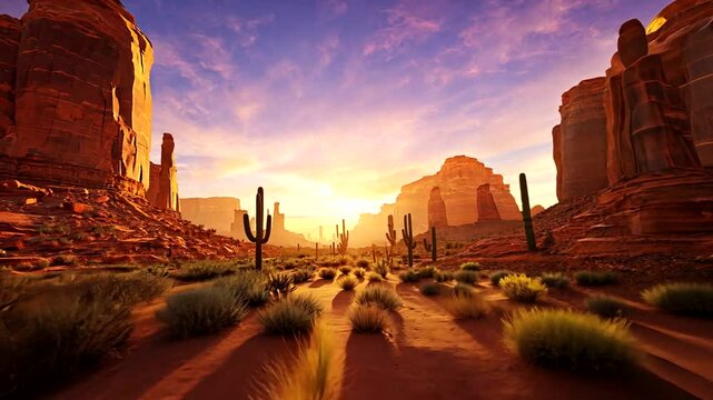Majestic sunset over a desert landscape with towering rock formations and cacti