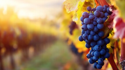 Ripe grapes on vine, bathed in golden light