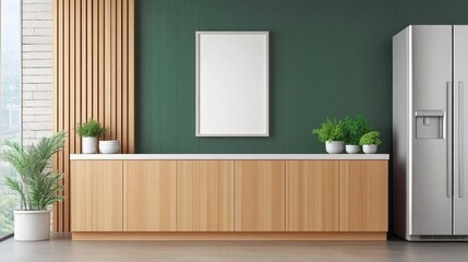 Stylish Kitchen Interior Mockup with a Large Poster Frame, Green Wood Elements, Light Wood Furniture