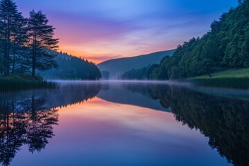 Fototapeta premium Dawn unfolds over a still lake, casting a vibrant tapestry of colors across the water. Surrounding trees and gently rising hills create a peaceful atmosphere that invites reflection