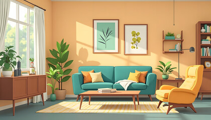 Modern living room with vibrant art and comfortable furniture. Represents home decor, interior design, or contemporary living. Stylish and inviting.

