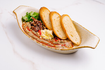 Gourmet Chicken Liver Pate with Caramelized Onions, Chili, and Toasted Baguette
