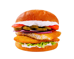 Crispy fish sandwich with fresh toppings and creamy sauce on a bun