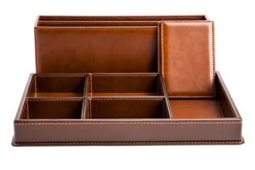 Brown leather desk organizer with multiple compartments for office isolated with transparent background