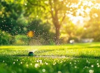 Sprinkler waters lawn, sunlit trees in the background