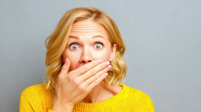 Surprised adult blonde woman yellow sweater covers mouth showing shock and sensory discomfort with wide eyes and green eyes
