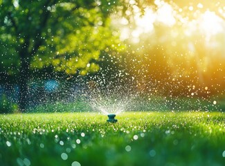 Sprinkler irrigating green grass with sunny bokeh