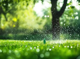 Sprinkler waters green grass in a sunny garden
