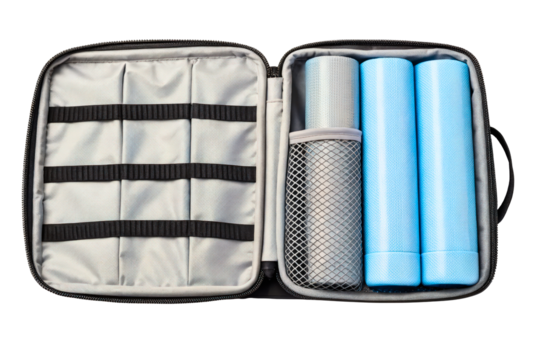 Open travel organizer bag with rolled items and elastic straps isolated with transparent background