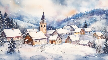 Watercolor village in snowy hills, church steeple