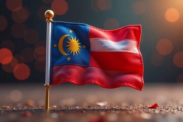 Detailed Malaysian Flag on Golden Pole with Bokeh Background, Symbol of Nationhood and Cultural Identity, Studio Shot                                 