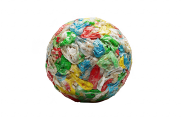 Colorful sphere formed from crumpled, mixed plastic waste
