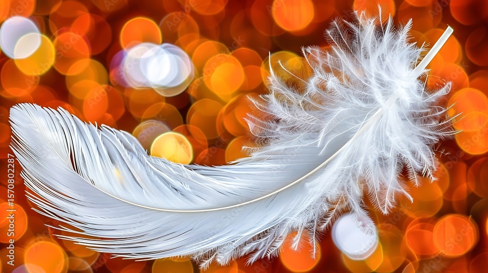 Poster delicate white feather rests upon an abstract, warmly colored bokeh background creating a serene