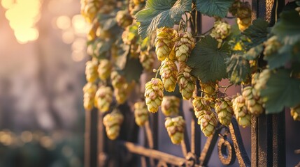 Lush Green Hops Blossoms Growing on a Metal Fence in Golden Light