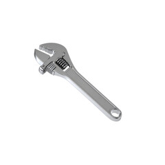 A highly detailed adjustable crescent wrench features a shiny chrome finish