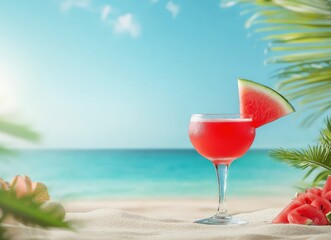 Beach drink, watermelon slice, palm fronds, serene sea view