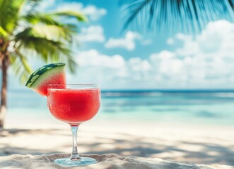 Tropical drink with watermelon on beach, ocean backdrop